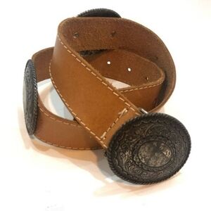 CAROLE LITTLE Vintage Designer Genuine Leather Western Belt Antique Silver Oval